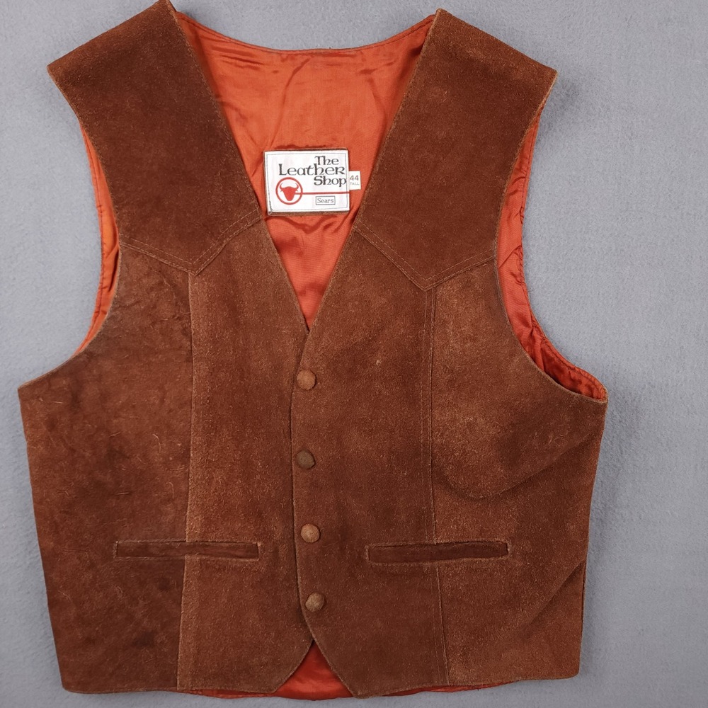 The Leather Shop Sears Mens Brown Suede Leather Western Vest Snap Front Size 44T